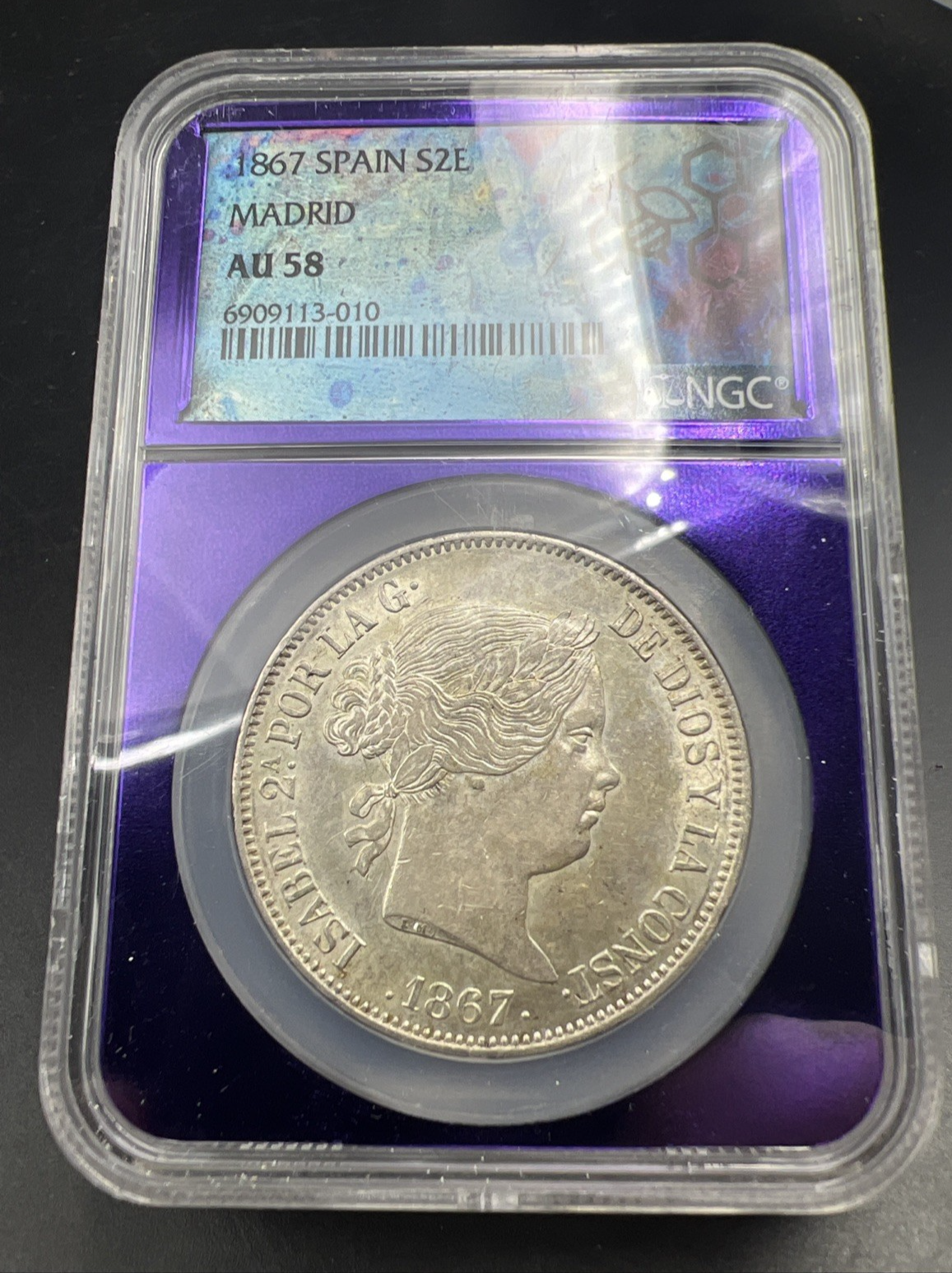 1867 Madrid Spain 2 Escudos Silver Coin NGC AU58 Choice AU Certified