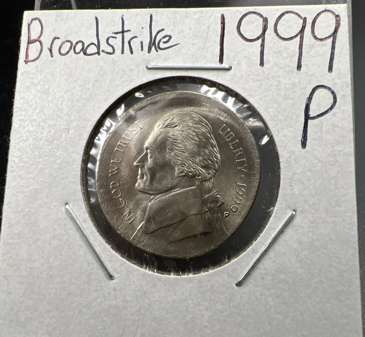 Large Centered Broadstrike 1999 P 5c Jefferson Error Nickel Gem BU Full Steps