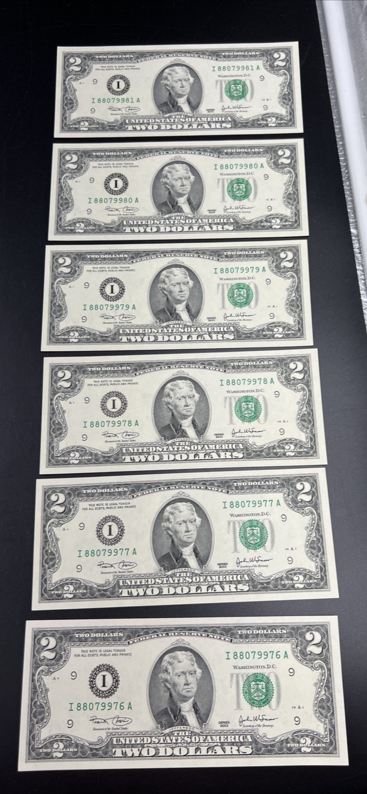 6 Consecutive 2003 $2 FRN Federal Reserve Notes Neat Serial Numbers #88