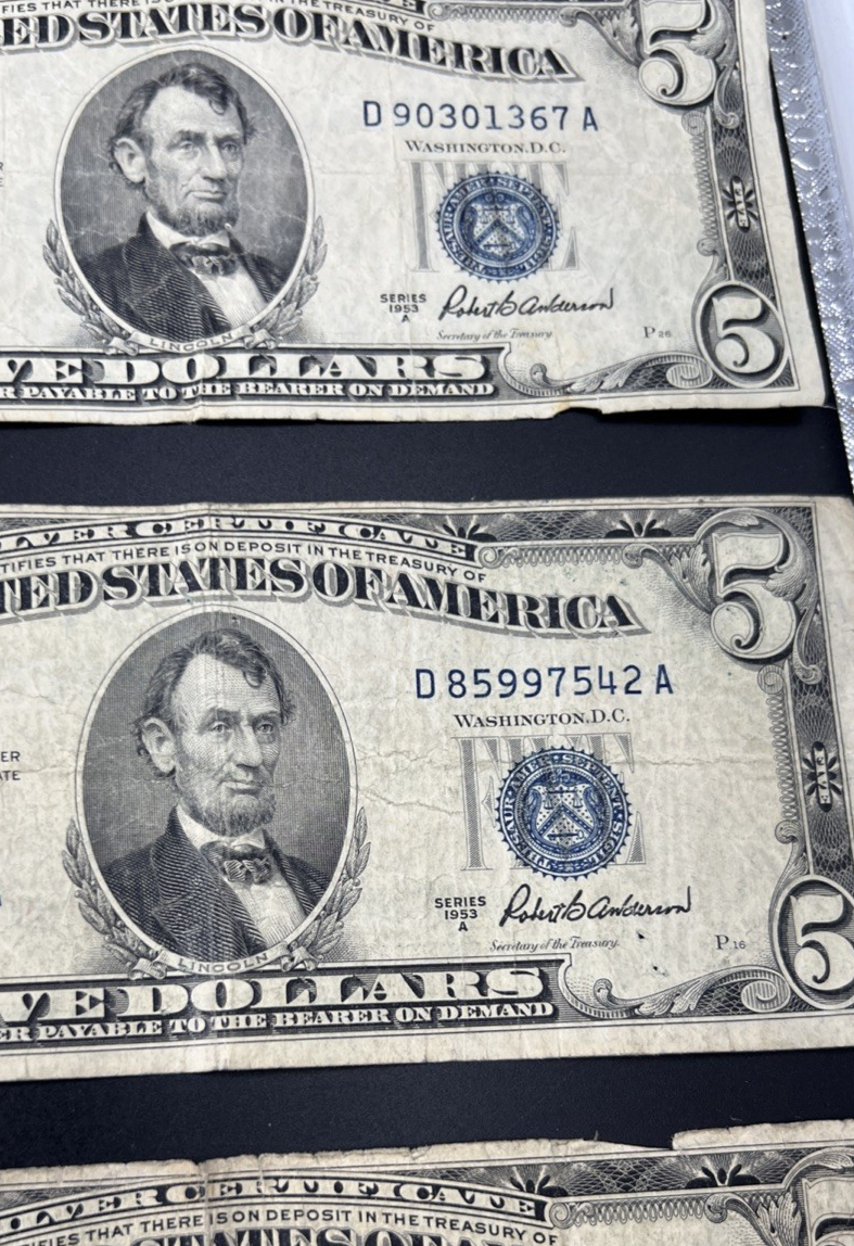 $5 Bill collector's Lot 10 US Bills - 5 USN Red Seals & 5 Silver Certificates