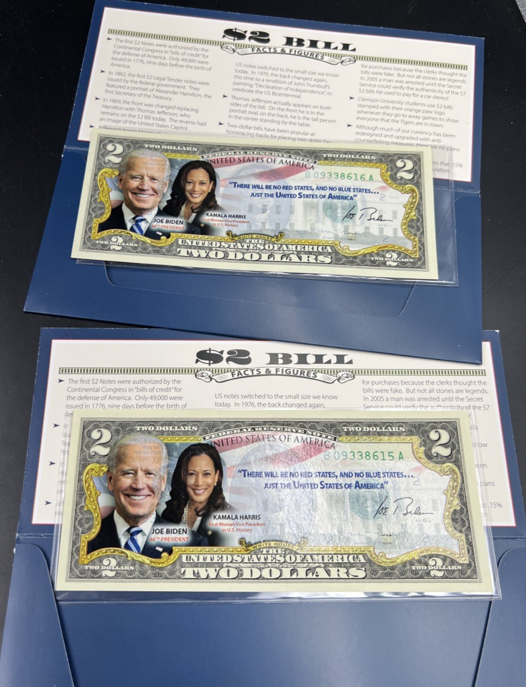2 Consecutive 2017 $2 FRN Biden Harris Presidential Colorized UNC Two Dollars #5
