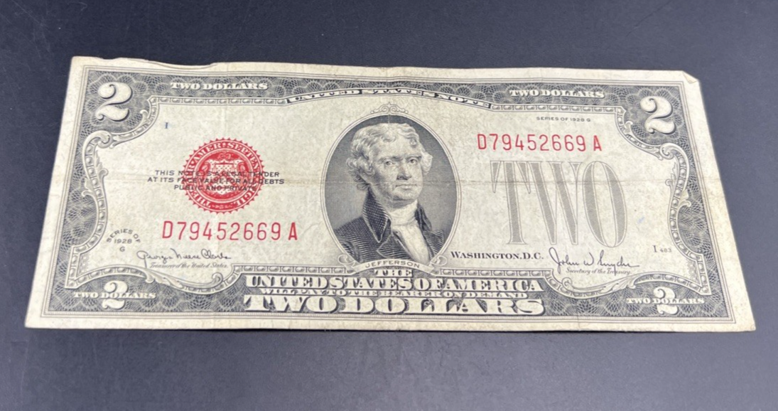 1928 G $2 Two Dollar Legal Tender United States Red Seal Note CH VG Circ #669