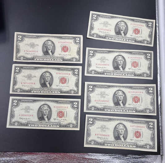 Lot of 7 1963  1953 $2 USN Red Seal Notes VF Very Fine Bills #516