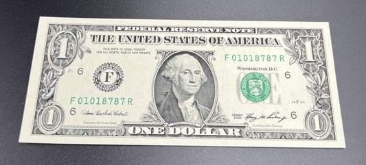 2006 $1 FRN Federal Reserve Note Neat Serial #01018787 CH UNC