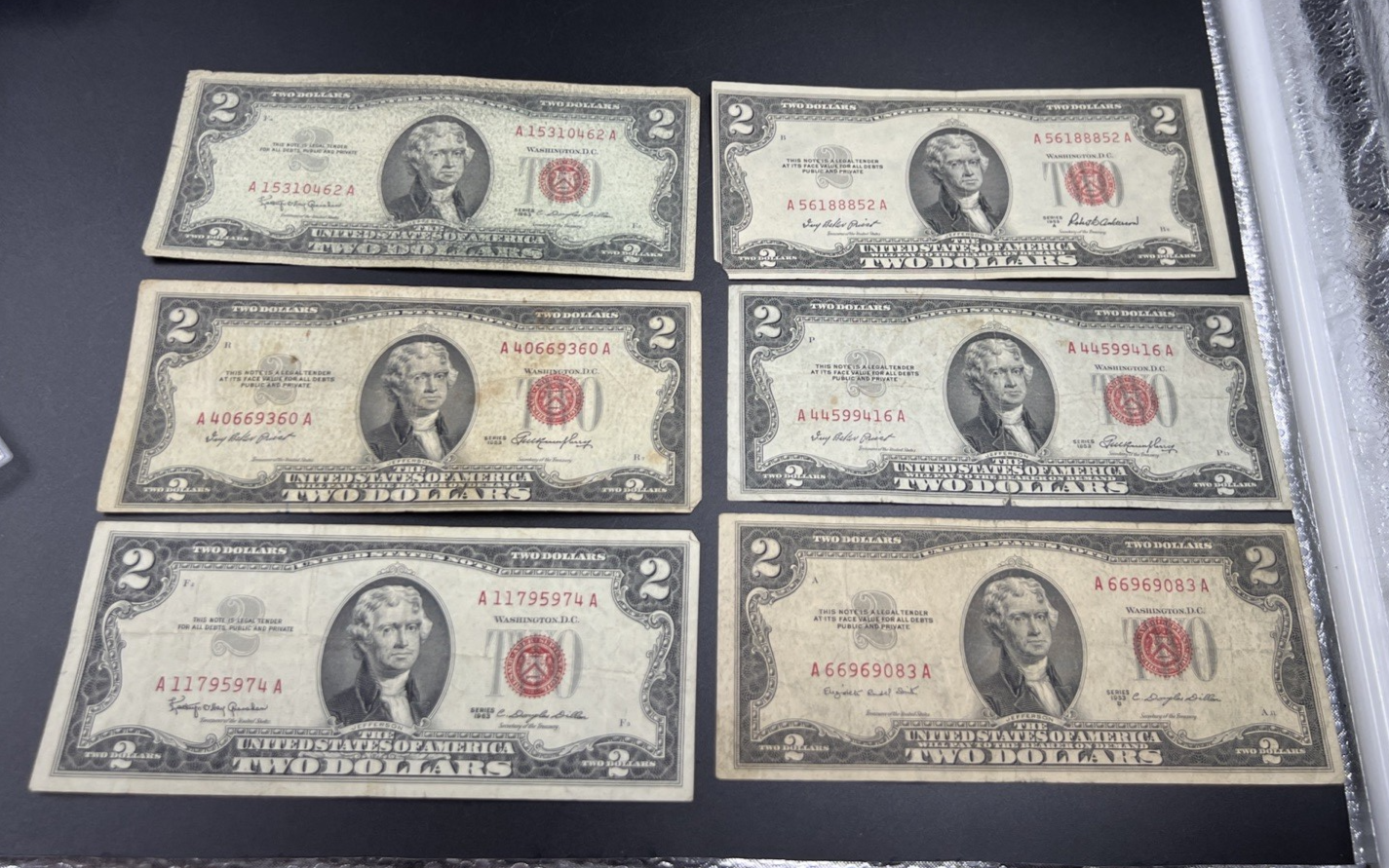 Lot of 6 1953 1963 $2 USN Red Seal Legal Tender Bills VG Very Good Circ #74
