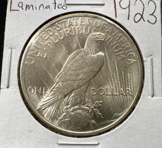 1923 P $1 Peace Silver Dollar Coin Laminated Planchet Error Reverse BU UNC