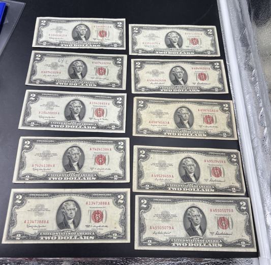 Lot of 10 1953 1963 $2 USN Red Seal Legal Tender Bills VG Very Good + Circ #999