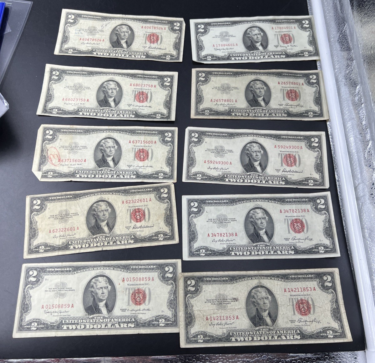 Lot of 10 1953 1963 $2 USN Red Seal Legal Tender Bills VG Very Good + Circ #859