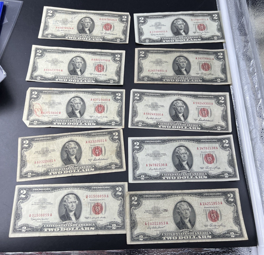 Lot of 10 1953 1963 $2 USN Red Seal Legal Tender Bills VG Very Good + Circ #859
