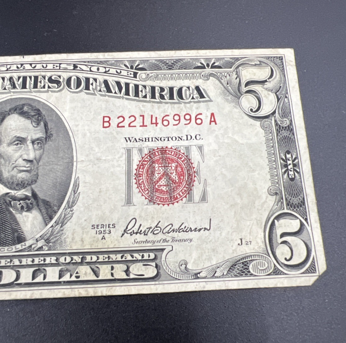 1953 A $5 USN United States Note Red Seal Bill Neat Serial # VG Circ #996