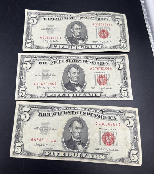 Lot of 3 1963 $5 USN United States Notes Red Seal Bills Fine / VF Circ #632