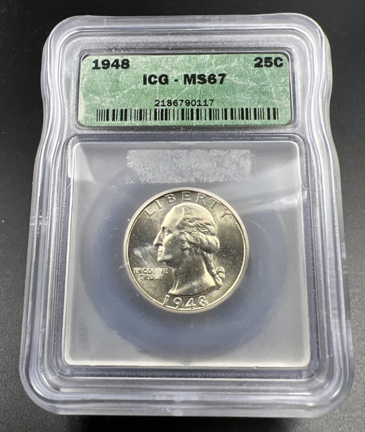 1948 P 25C Washington Quarter Silver Coin MS67 ICG #117 Some Toning