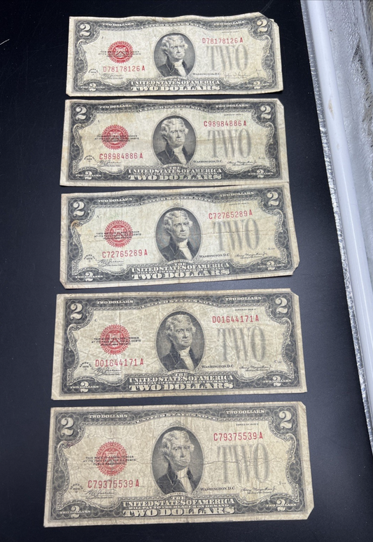 Lot of 5 1928 $2 USN United States Note Red Seal Bills G / VG Circ #39