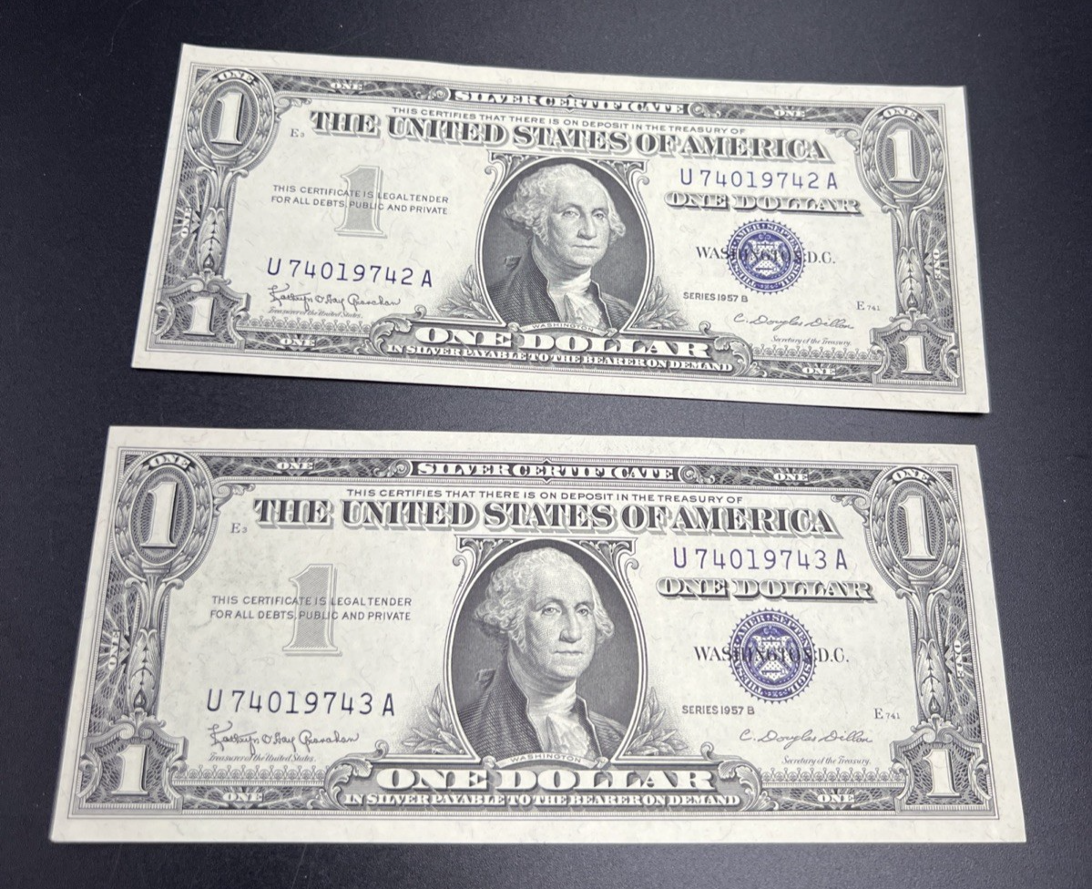 2 Consecutive 1957 B $1 One Dollar Silver Certificates CH AU / UNC #43