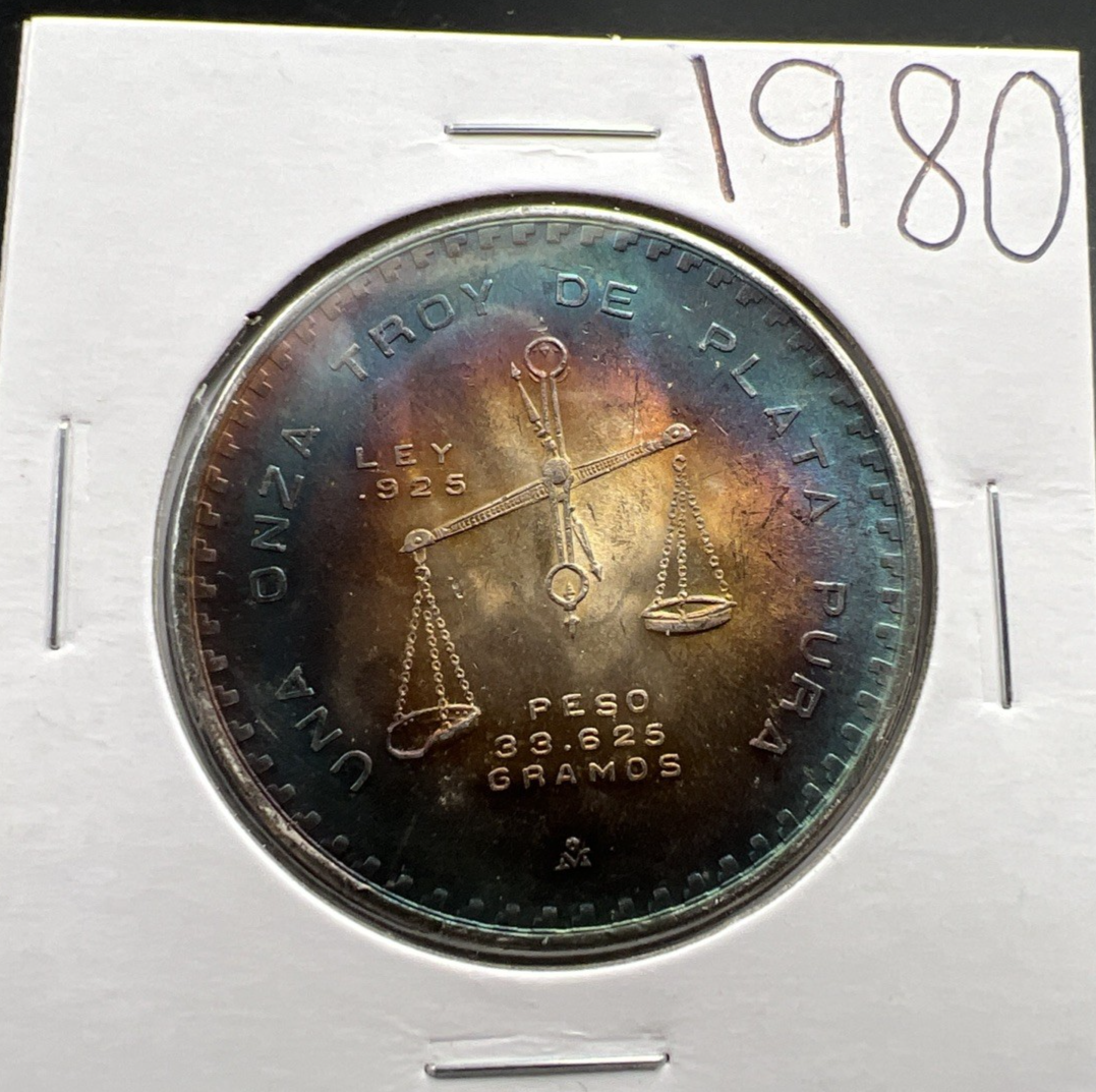 1980 Mexico Onza 1 Oz Silver Coin Monster Toning Toner PQ Blue Gem BU