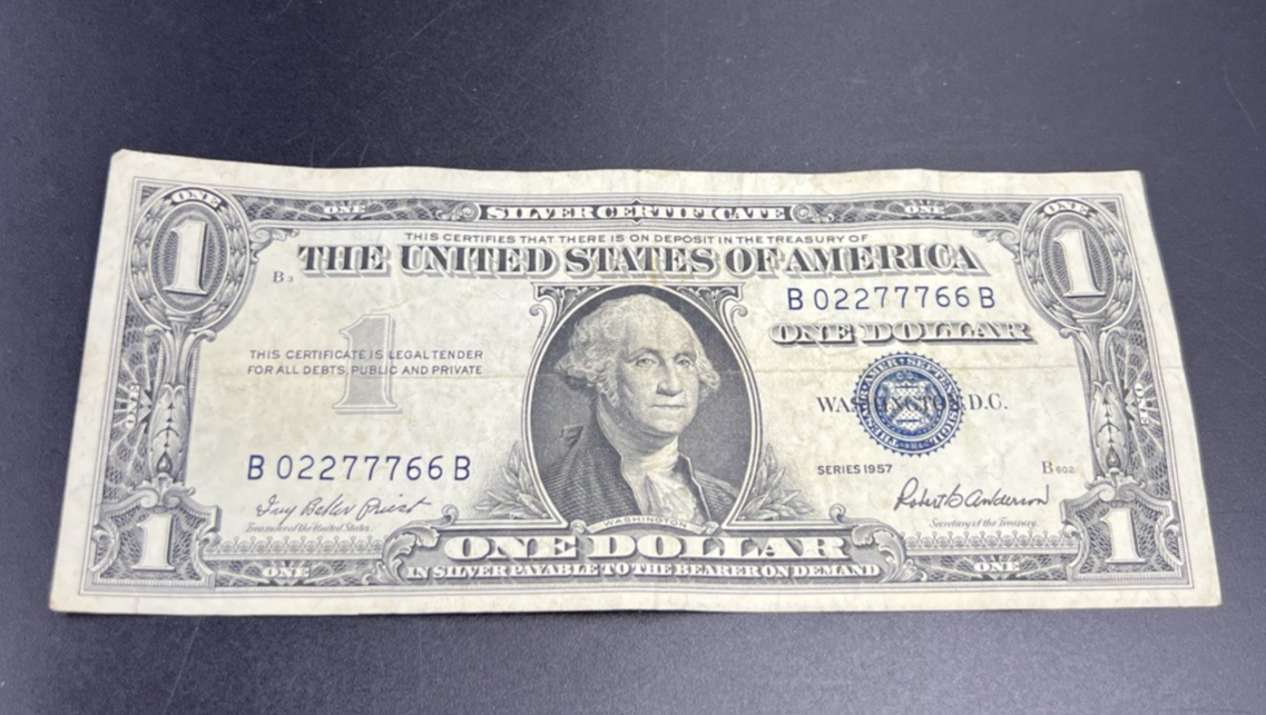 1957 $1 One Dollar US Silver Certificate Blue Seal VF Neat Serial #02277766
