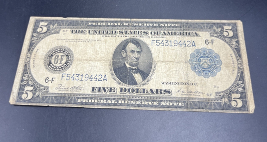1914 $5 Five Dollars Federal Reserve Note Atlanta White Mellon FR-867 Very Circ