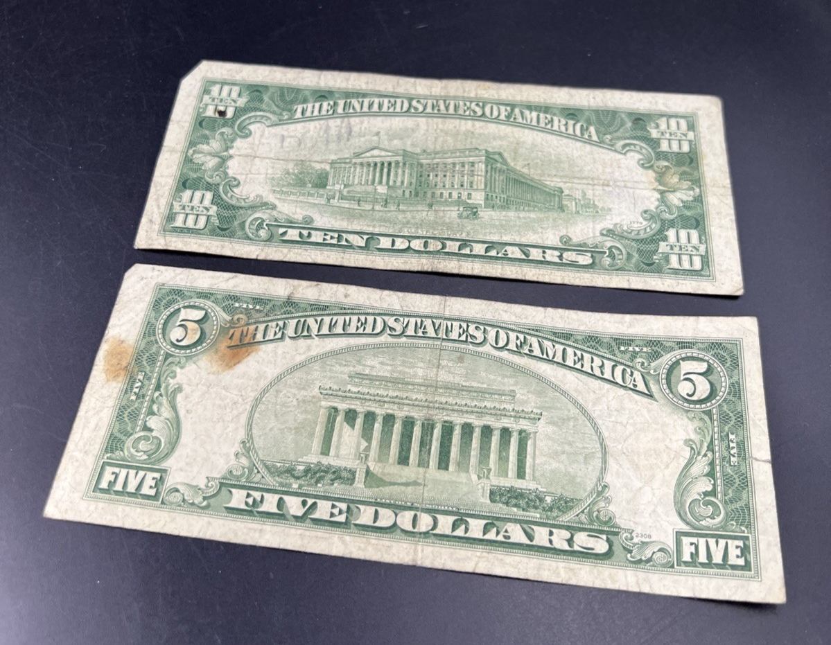 FRN Collector's Lot 1950 B $5 & 1950 D $10 Federal Reserve Note Bills Very Circ