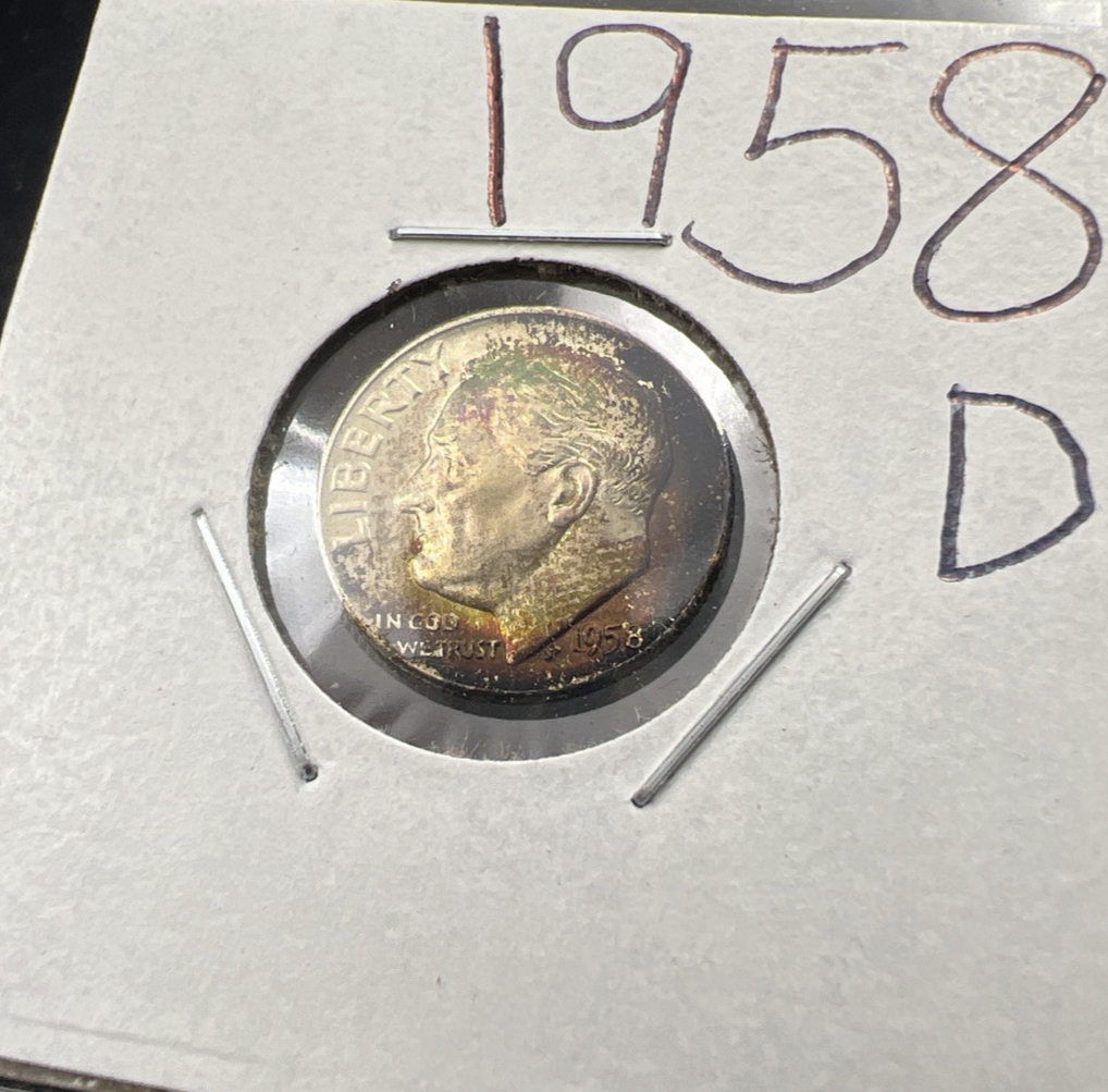 1958 D 10c Roosevelt Silver Dime Coin Neat Toning Toner CH BU UNC #a
