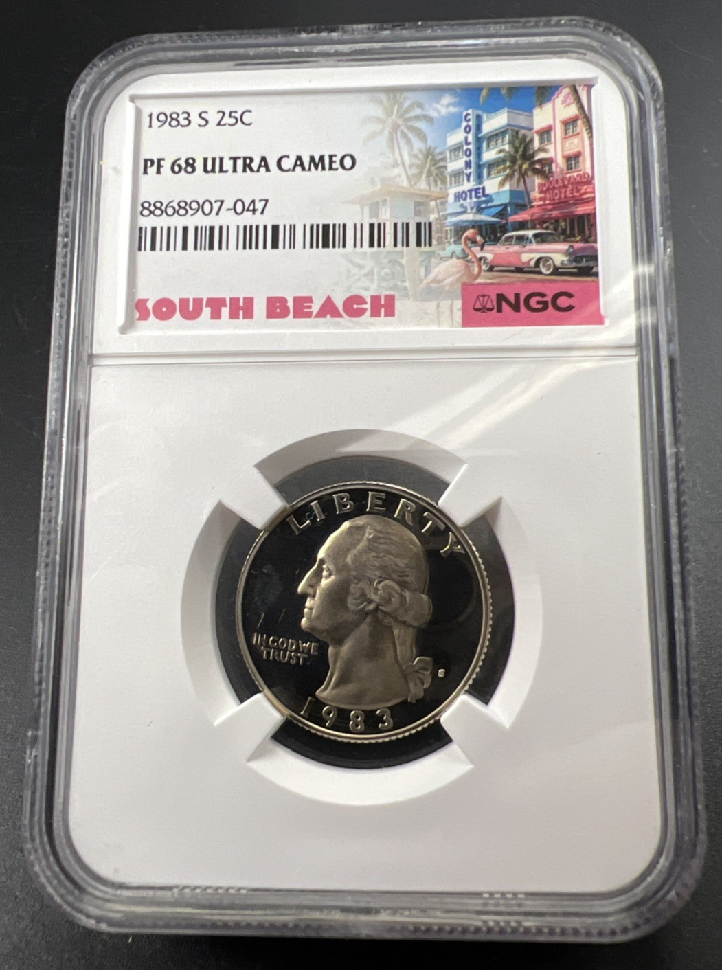 1983 S 25c Washington Clad Proof Quarter Coin PF68 UCAM #47 NGC South Beach Slab