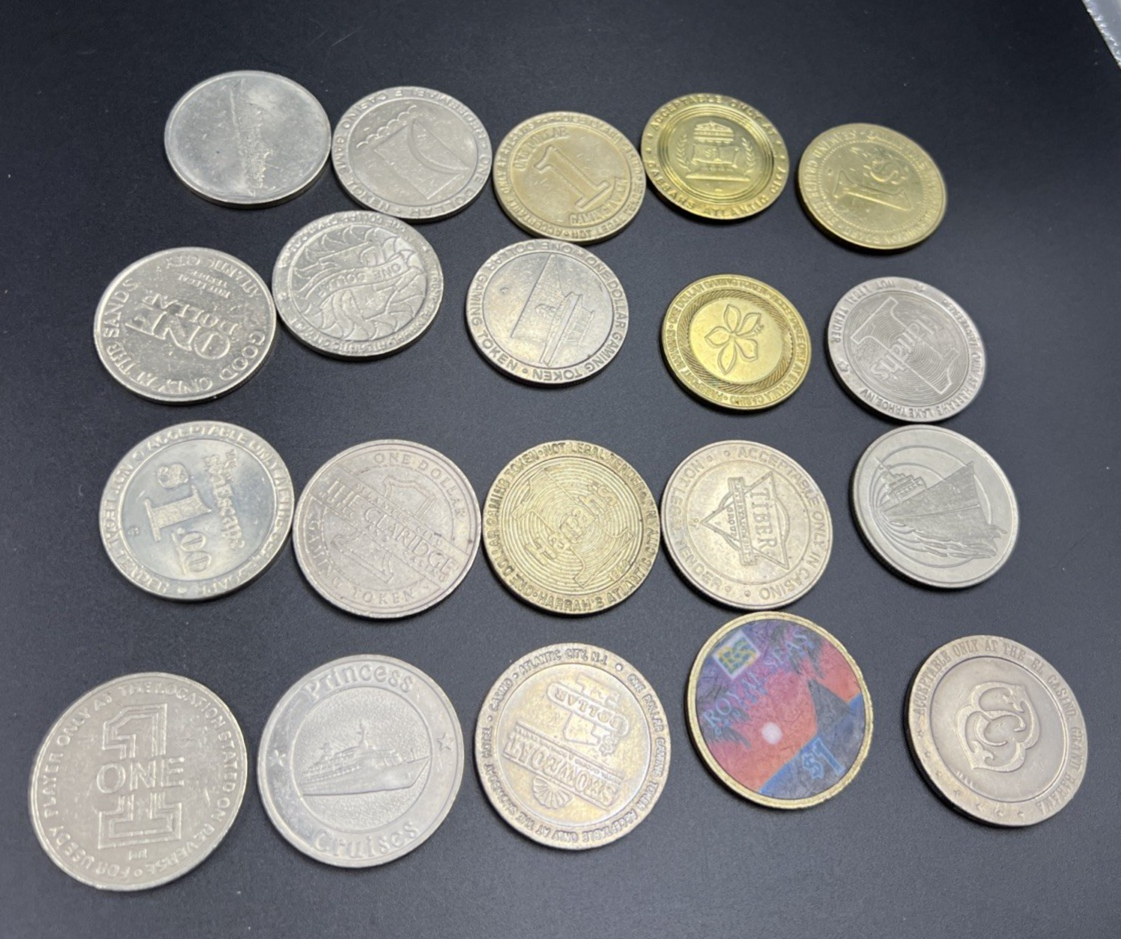 Lot of 20 $1 Casino Dollar Gaming Tokens Metal Circulated Conditions SKU#7524