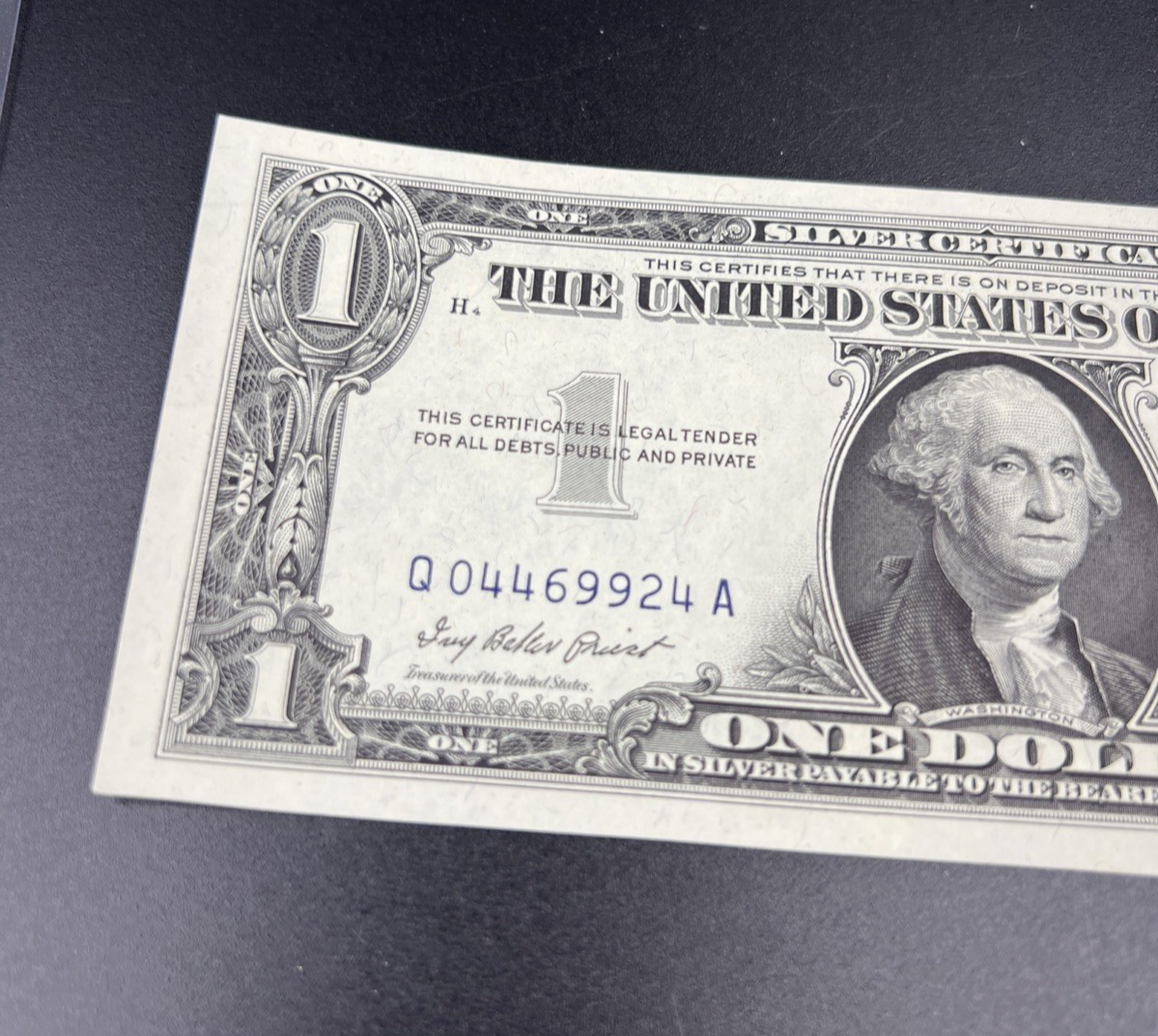 1957 $1 One Dollar Blue Seal Silver Certificate UNC Uncirculated Fancy Serial #Q