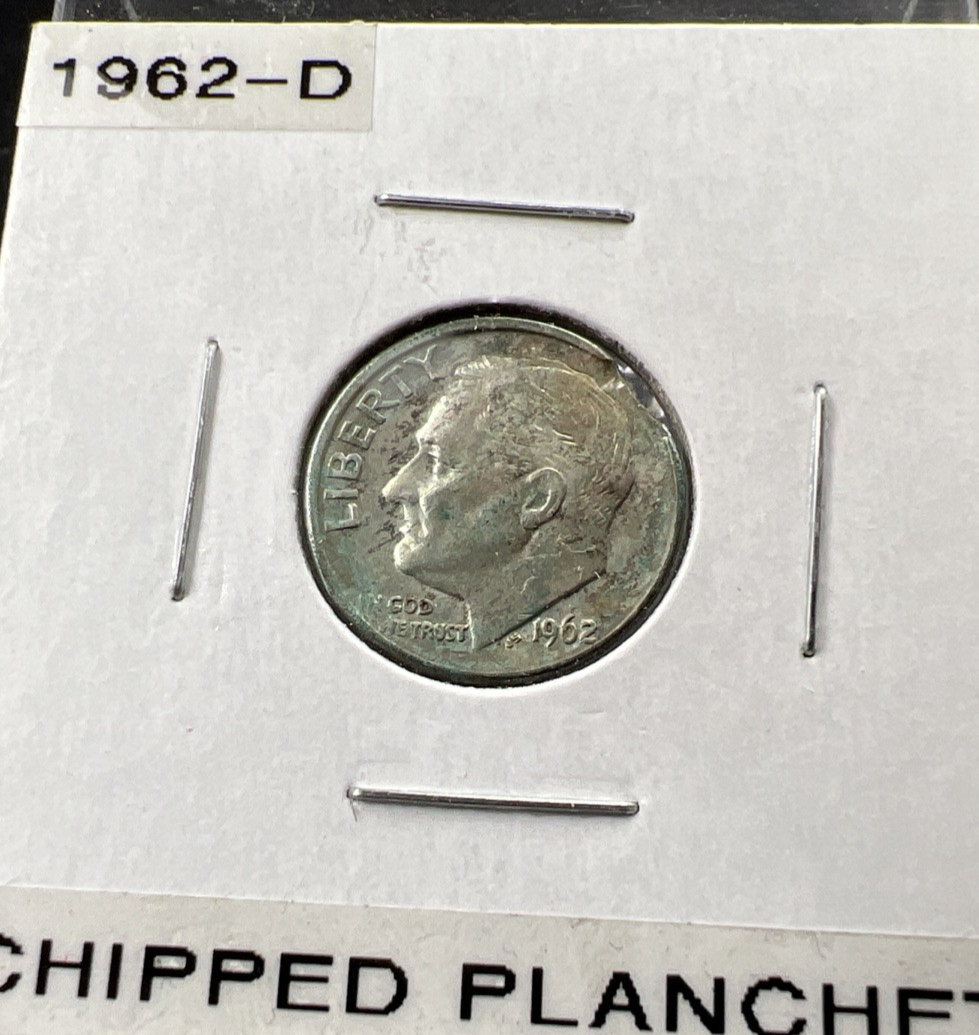 1962 D 10c Roosevelt Silver Dime Coin Clipped Planchet Major Error XF Detail