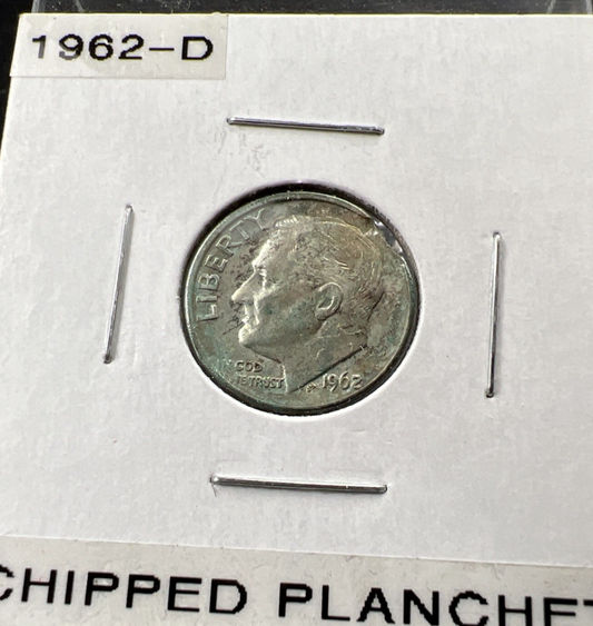 1962 D 10c Roosevelt Silver Dime Coin Clipped Planchet Major Error XF Detail