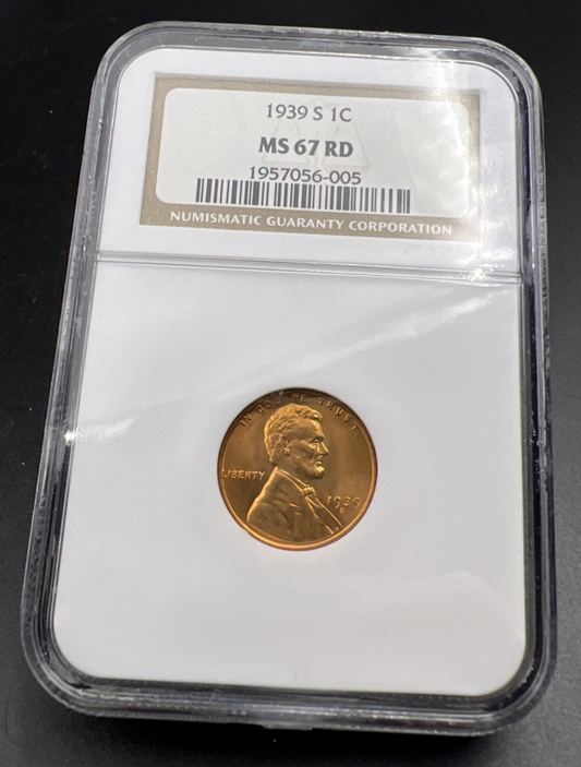 1939 S 1c Lincoln Wheat Cent Penny Coin NGC MS67 RD #005