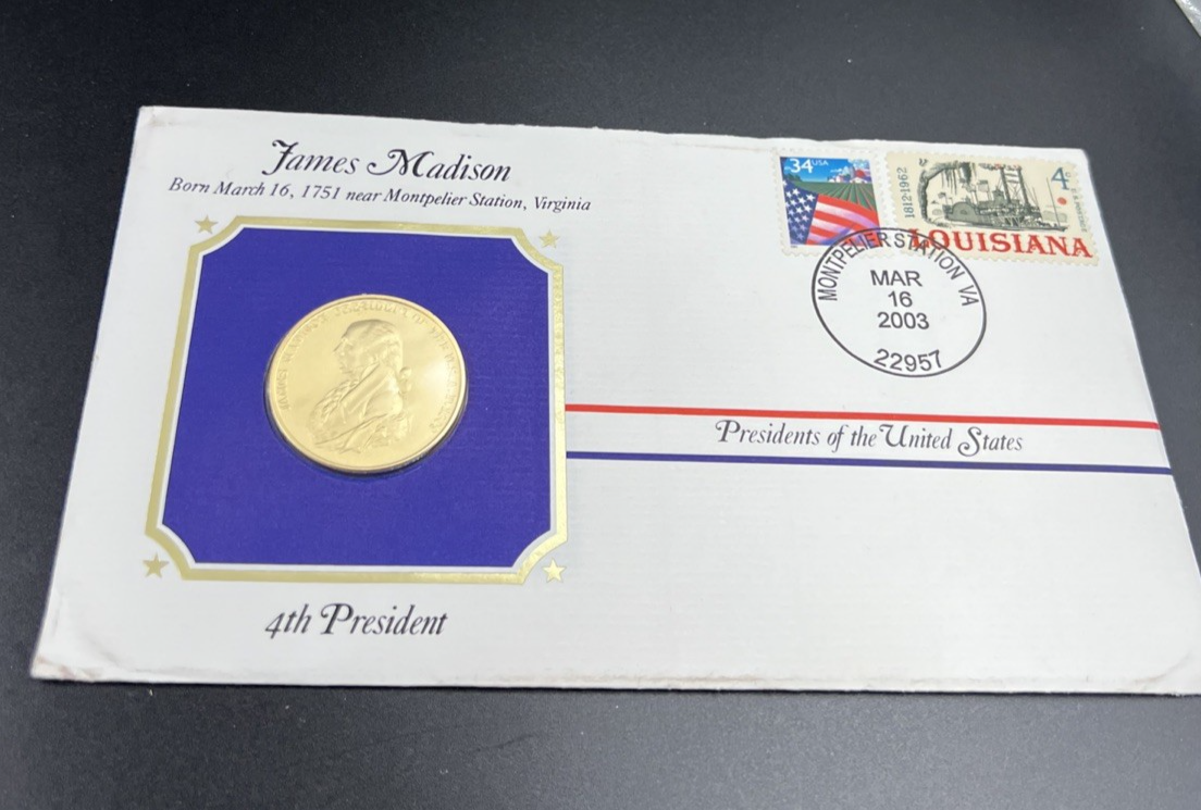 James Madison Presidential Medal in Postmarked Card w/ Stamps