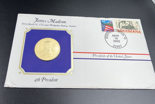 James Madison Presidential Medal in Postmarked Card w/ Stamps