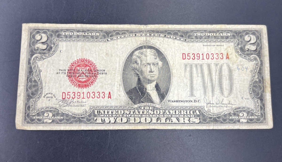 1928 F $2 USN United States Note Red Seal Bills G Circ #333 Neat Serial #