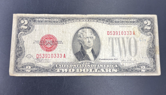 1928 F $2 USN United States Note Red Seal Bills G Circ #333 Neat Serial #