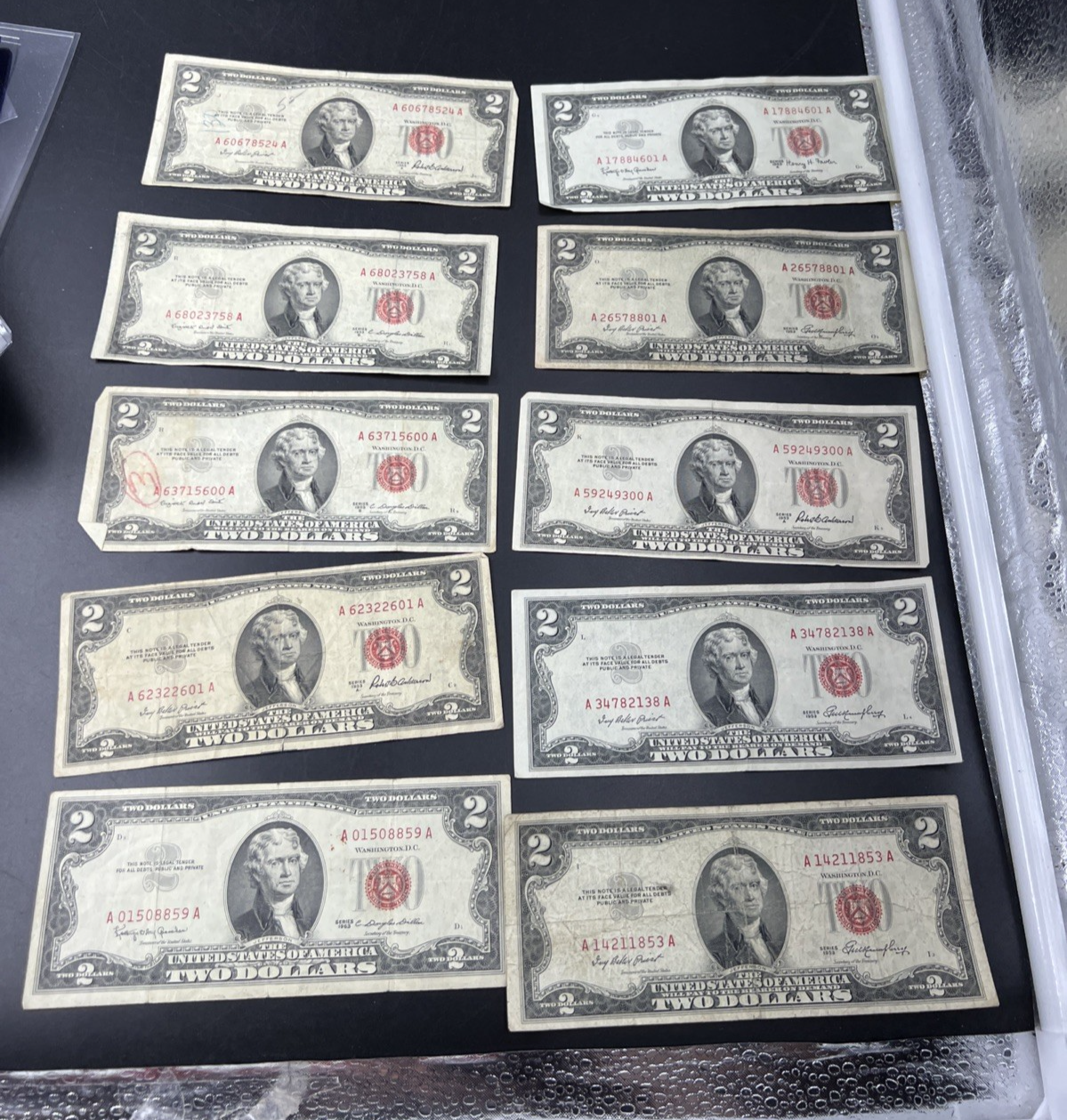 Lot of 10 1953 1963 $2 USN Red Seal Legal Tender Bills VG Very Good + Circ #859