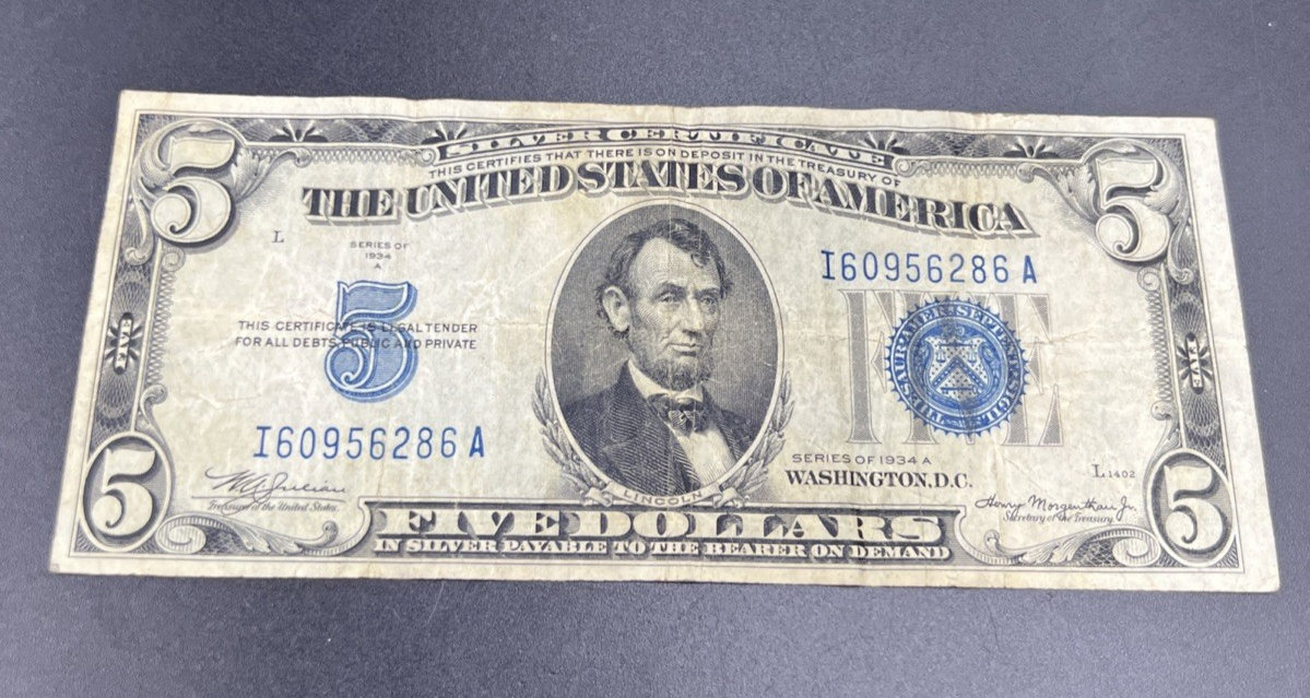 1934 A $5 Five Dollar Silver Certificate Choice VG Very Good Circ