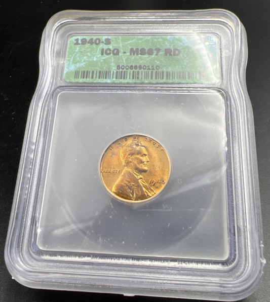 1940 S Lincoln Wheat Cent Penny Coin ICG MS67 RD #110 Some Toning