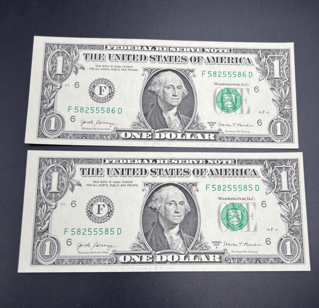 2 Consecutive 2017 A $1 FRN Federal Reserve Notes CH UNC Repeat Serial #58255585