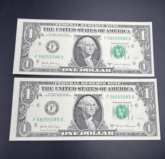 2 Consecutive 2017 A $1 FRN Federal Reserve Notes CH UNC Repeat Serial #58255585