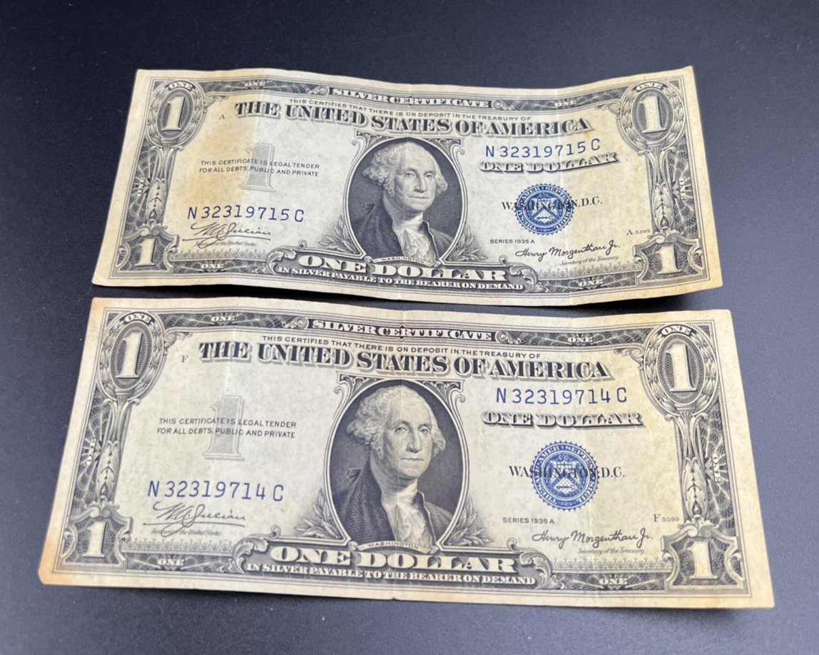 2 Consecutive 1935 A $1 One Dollar Silver Certificates Blue Seal Note F / VF #14