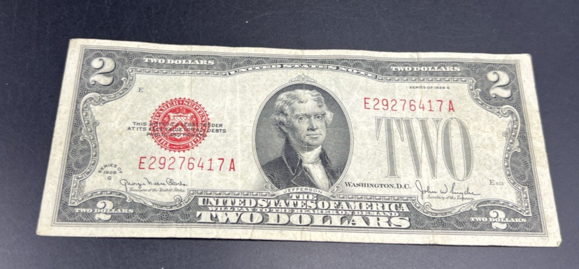 1928 G $2 Two Dollar Legal Tender United States Red Seal Note Fine Circ #417