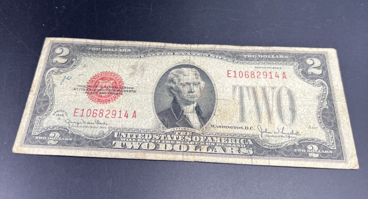 1928 G $2 Two Dollar Legal Tender United States Red Seal Note Good Circ #914