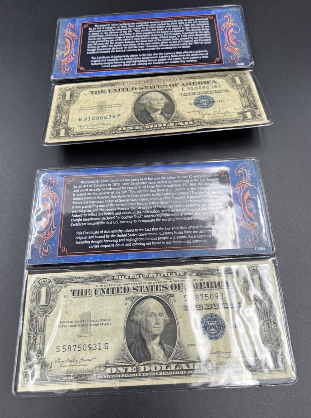 Lot of 2 1935 Silver Certificate One Dollar Bills in Vinyl Display VG #31