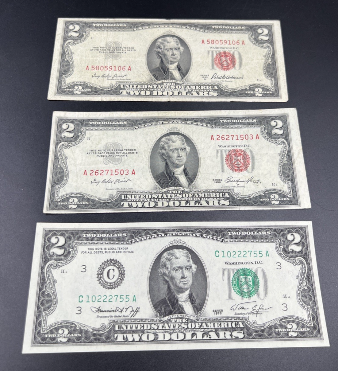 Two Dollar Bill Collector's 3 Note Lot 1953 USN Bills and 1976 FRN Bicentennial