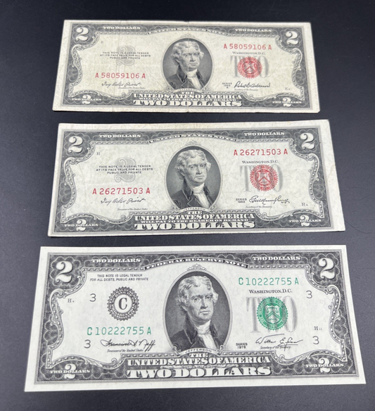 Two Dollar Bill Collector's 3 Note Lot 1953 USN Bills and 1976 FRN Bicentennial