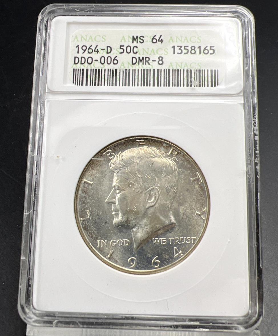 1964 D Kennedy FS-106 Half Dollar Coin Double Die Obverse DDO 006 ANACS MS64 #65