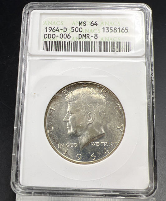 1964 D Kennedy FS-106 Half Dollar Coin Double Die Obverse DDO 006 ANACS MS64 #65