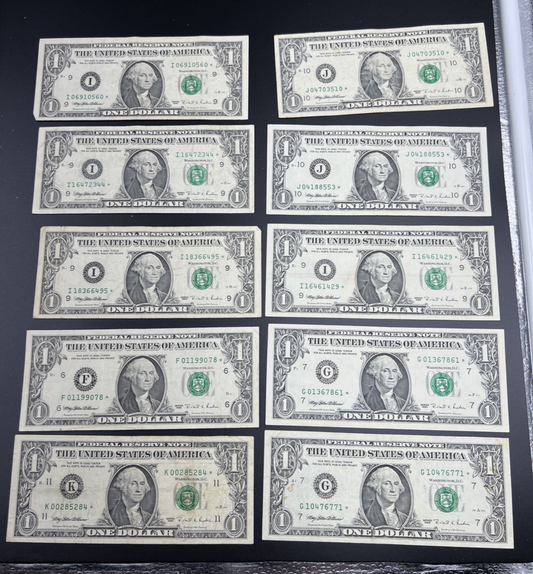Lot of 10 1995 * $1 Star FRN Federal Reserve Notes VG + Circ #284