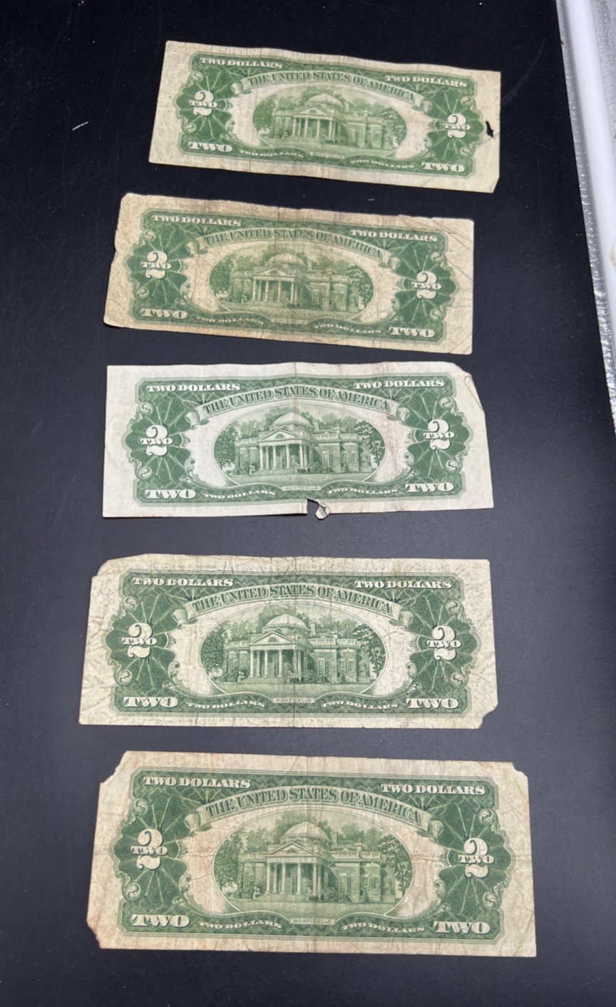 Lot of 5 1928 $2 USN United States Note Red Seal Bills Cull very Circ #72