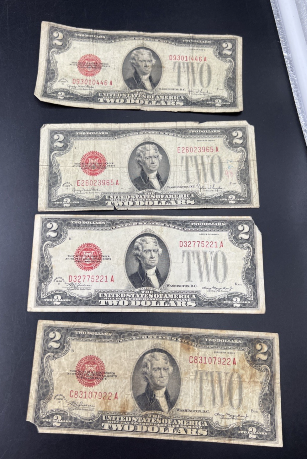 Lot of 4 1928 $2 USN United States Note Red Seal Bills Very Circulated #922