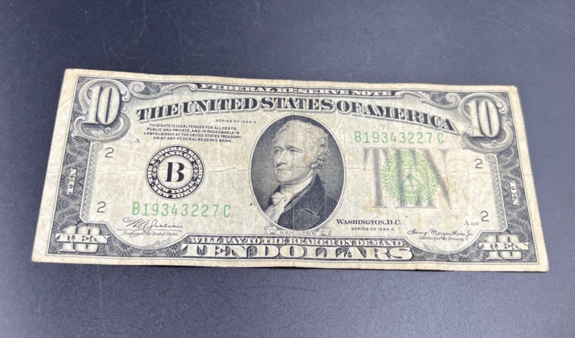 1934 A $10 FRN Ten Dollar Federal Reserve Note New York District VG Circ #227
